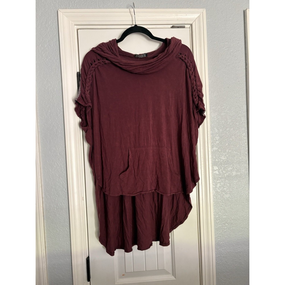 POL Oversized Hooded Tunic Top Boho Purple Braided Trim Crochet Lagenlook M/L